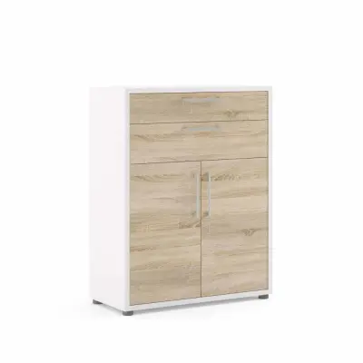 TVILUM Prima Bokhylla, med 2 Luckor och 2 Lådor - Vit / Ekfärgad Folie