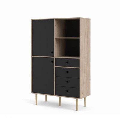 TVILUM Rome Bokhylla, med 2 Luckor och 4 Lådor - Naturlig / Svart Folie och Naturträ