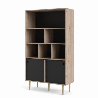 TVILUM Rome Bokhylla, med 2 Skjutdörrar - Naturlig / Svart Folie och Naturträ