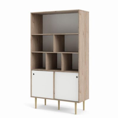 TVILUM Rome Bokhylla, med 2 Skjutdörrar - Naturlig / Vitt Folie och Naturträ