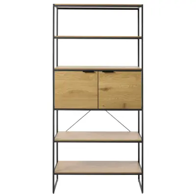 UNIK MÖBEL bokhylla, med 2 dörrar och 5 hyllor - naturfärgad melaminpapp och svart järn (H:190)