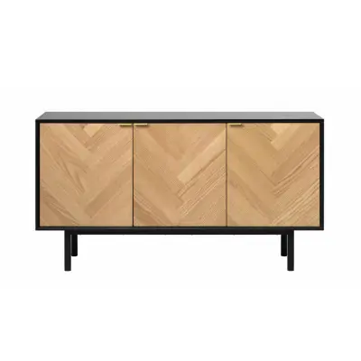 UNIQUE FURNITURE Calvi Skänk, med 3 Fiskbensluckor, 1 Hylla och 1 Låda - Svart MDF och Naturlig Ek