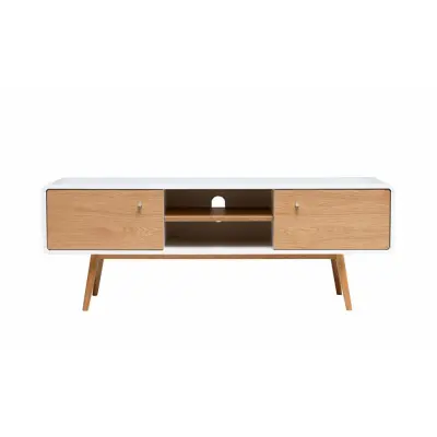 UNIQUE FURNITURE Turin TV-bord, med 2 Luckor och Hylla - Vit MDF och Naturlig Ek (150 x 42 cm)