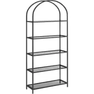 VASAGLE 5-våningshylla, hylla i härdat glas, böjd design, stålkonstruktion, för vardagsrum, sovrum, studio badrum, svart och grå LGT050G01