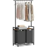 VASAGLE BLH241B01 Tvättkorg, 2 sektioner med hängande hylla, löstagbar utdragbar korg med hylla, 28,7" x 13" x 69,7", rustikbrun och svart