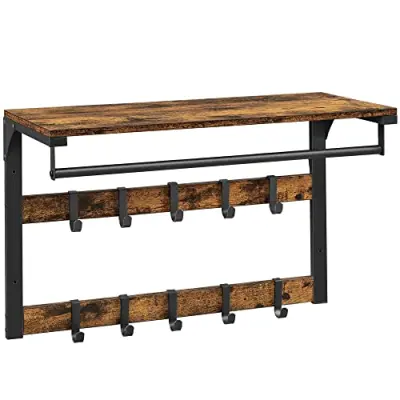 VASAGLE hatthylla, m. 10 krokar och 1 hängstång - brun spånskiva och svart stål