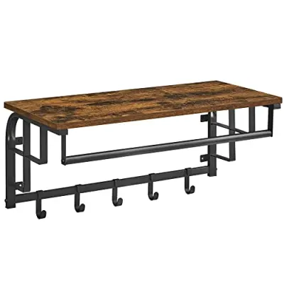 VASAGLE hatthylla med 5 krokar och 1 hängstång - brun spånskiva och svart stål