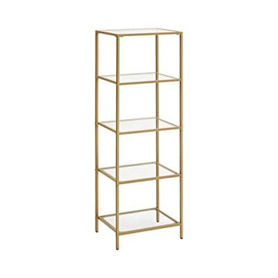 VASAGLE hylla, 5-facks steghylla, tunn glashylla för sovrum, badrum, hemmakontor, härdat glas, stålram, guldfärg LGT029A01
