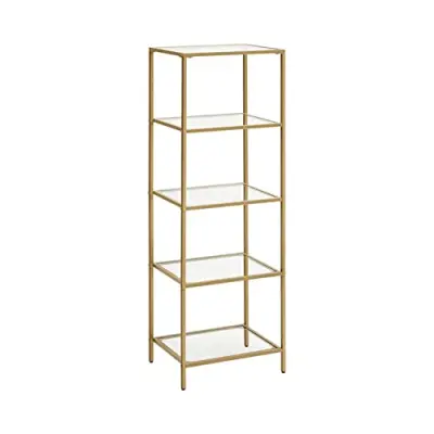 VASAGLE hylla, 5-facks steghylla, tunn glashylla för sovrum, badrum, hemmakontor, härdat glas, stålram, guldfärg LGT029A01