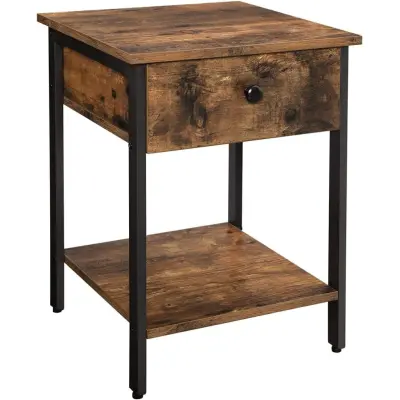 VASAGLE Nattduksbord, sängbord, sidobord med låda och hylla,ändbord, sovrum, vardagsrum, enkel montering, stålram, industriell, rustik brun och svart LET55BX