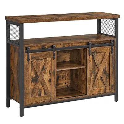 VASAGLE sideboard, m. 2 skjutdörrar, justerbar hylla - rustik brun spånskiva och svart stål