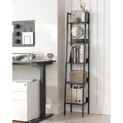 VASAGLE steghylla, smal hylla i 5 våningar, bokhylla för hemmakontor, vardagsrum, sovrum, kök, industriell, rustik brun och svart LLS109B01