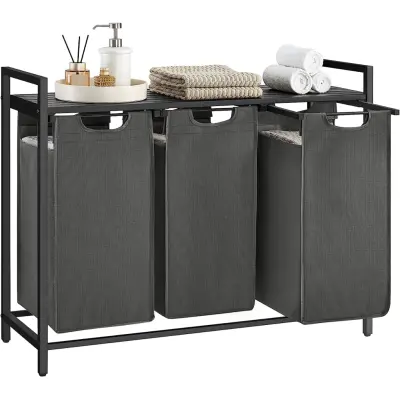 VASAGLE Tvättkorg, 3-fack, utdragbara och löstagbara tvättpåsar, tvättsortering, hylla, metallram, 3 x 38L, 92,5 x 33 x 72 cm, svart och grå BLH301G01