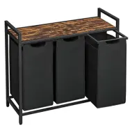 VASAGLE Tvättkorg, Tvättkorg, Tvättsorterare med 3 utdragbara och avtagbara påsar, 1 förvaringshylla, 38L kapacitet per påse, för badrum, tvättstuga, rustikbrun och svart BLH301B01