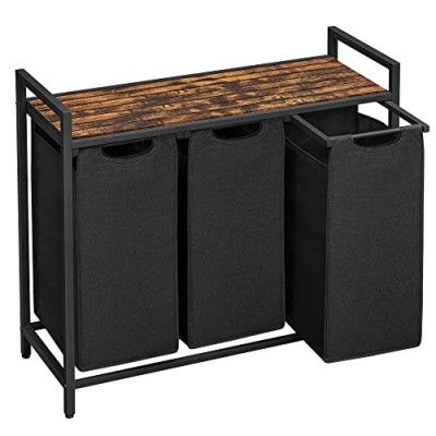 VASAGLE Tvättkorg, Tvättkorg, Tvättsorterare med 3 utdragbara och avtagbara påsar, 1 förvaringshylla, 38L kapacitet per påse, för badrum, tvättstuga, rustikbrun och svart BLH301B01