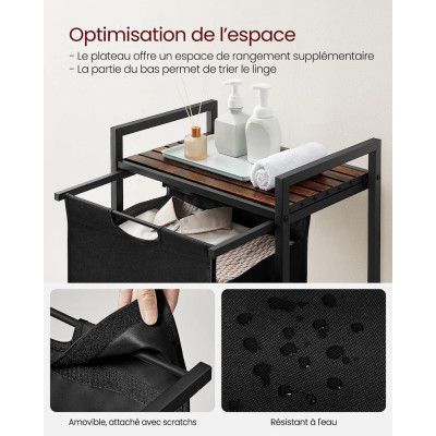 VASAGLE Tvättkorg, Tvättkorg, Utdragbar och löstagbar tvättpåse, Hylla, Metallram, 65L, 50 x 33 x 72 cm, Rustikbrun och svart BLH101B01