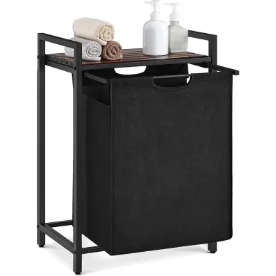 VASAGLE Tvättkorg, Tvättkorg, Utdragbar och löstagbar tvättpåse, Hylla, Metallram, 65L, 50 x 33 x 72 cm, Rustikbrun och svart BLH101B01