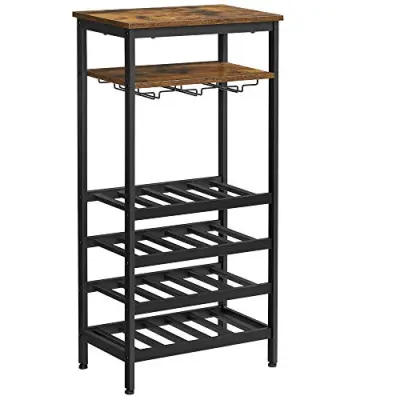 VASAGLE vinställ, för 20 flaskor, m. glashållare och 1 hylla - rustik brun spånskiva och svart stål