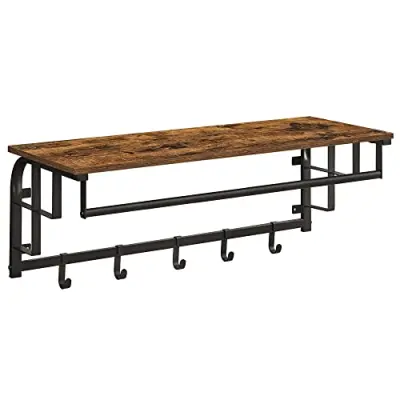 VASAGLE väggmonterad klädhängare med 5 avtagbara krokar, flytande hylla med hängande skena, för hall, sovrum, vardagsrum, rustik brun och svart LCR102B01