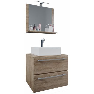 VCM NORDIC Badinos II 60 cm 3-delat tvättställ, m. spegel, keramiskt tvättställ, 2 lådor - naturlig melamin