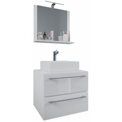 VCM NORDIC Badinos II 60 cm 3-delat tvättställ, m. spegel, keramiskt tvättställ, 2 lådor - vit melamin