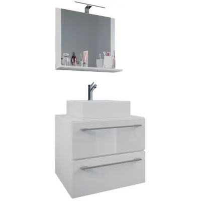 VCM NORDIC Badinos II 60 cm 3-delat tvättställ, m. spegel, keramiskt tvättställ, 2 lådor - vit melamin