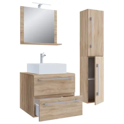 VCM NORDIC Badinos II 60 cm 4-delat handfat, m. spegel, handfat, skåp - naturlig melamin