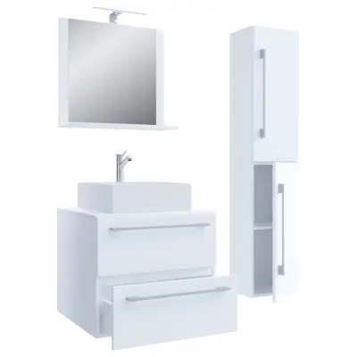 VCM NORDIC Badinos II 60 cm 4-delat tvättställ, m. spegel, handfat, skåp - vit melamin