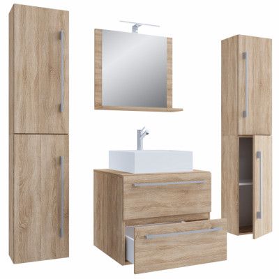 VCM NORDIC Badinos II 60 cm 5-delat tvättställ, m. spegelskåp, handfat, 3 skåp - naturlig melamin