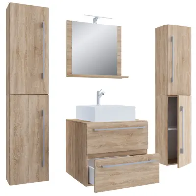 VCM NORDIC Badinos II 60 cm 5-delat tvättställ, m. spegelskåp, handfat, 3 skåp - naturlig melamin