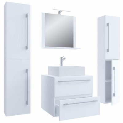 VCM NORDIC Badinos II 60 cm 5-delat tvättställ, m. spegelskåp, handfat, 3 skåp - vit melamin