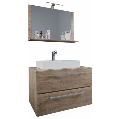 VCM NORDIC Badinos II 80 cm 3-delat tvättställ, m. spegel, keramiskt tvättställ, 2 lådor - naturlig me