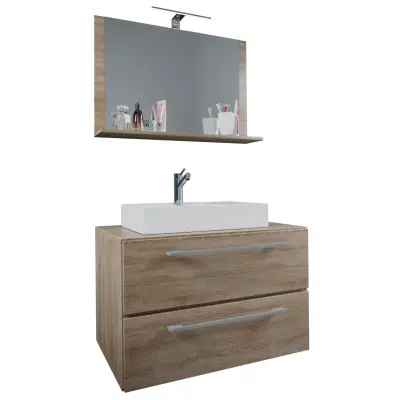 VCM NORDIC Badinos II 80 cm 3-delat tvättställ, m. spegel, keramiskt tvättställ, 2 lådor - naturlig me