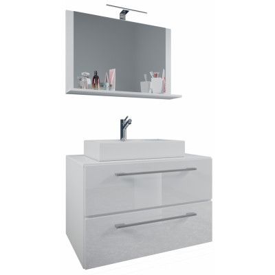 VCM NORDIC Badinos II 80 cm 3-delat tvättställ, m. spegel, keramiskt tvättställ, 2 lådor - vit melamin