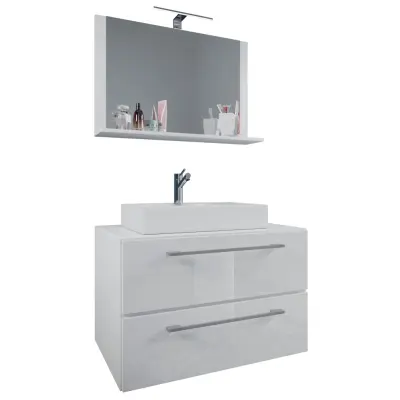 VCM NORDIC Badinos II 80 cm 3-delat tvättställ, m. spegel, keramiskt tvättställ, 2 lådor - vit melamin