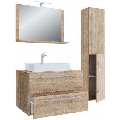 VCM NORDIC Badinos II 80 cm 4-delat handfat, m. spegel, handfat, skåp - naturlig melamin