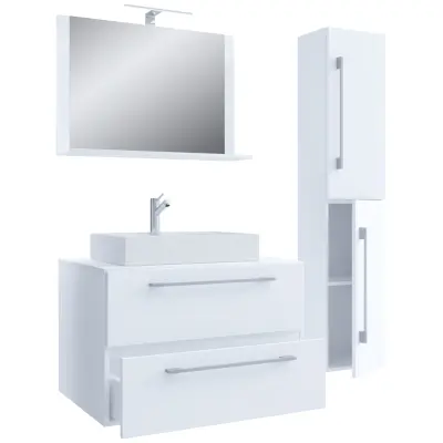 VCM NORDIC Badinos II 80 cm 4-delat tvättställ, m. spegel, handfat, skåp - vit melamin