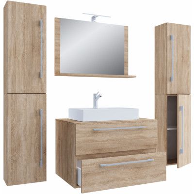 VCM NORDIC Badinos II 80 cm 5-delat tvättställ, m. spegelskåp, handfat, 3 skåp - naturlig melamin