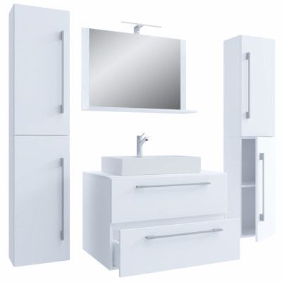 VCM NORDIC Badinos II 80 cm 5-delat tvättställ, m. spegelskåp, handfat, 3 skåp - vit melamin