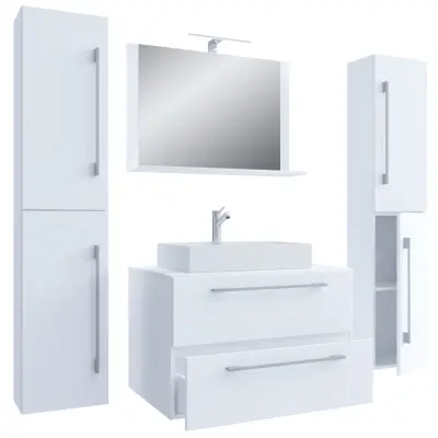 VCM NORDIC Badinos II 80 cm 5-delat tvättställ, m. spegelskåp, handfat, 3 skåp - vit melamin