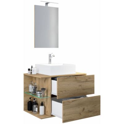 VCM NORDIC Hausa 2 lådor 73 3-delat handfat, m. spegel, keramiskt handfat, 1 hylla - naturlig melamin