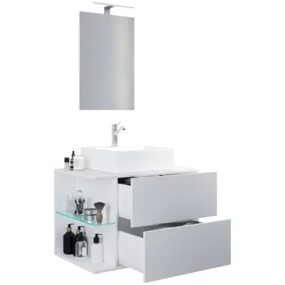 VCM NORDIC Hausa 2 lådor 73 3-delat handfat, m. spegel, keramiskt handfat, 1 hylla - vit melamin