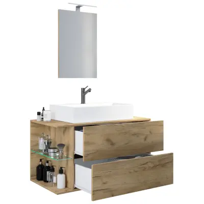 VCM NORDIC Hausa 2 lådor 93 3-delad diskho, m. spegel, keramisk diskho, 1 hylla - naturlig melamin