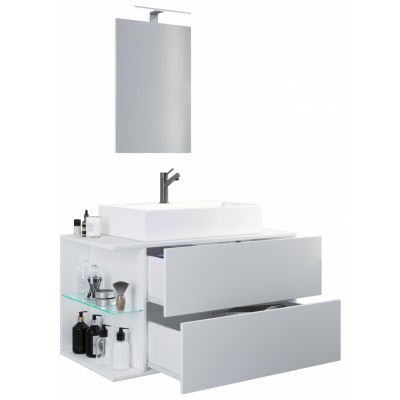 VCM NORDIC Hausa 2 lådor 93 3-delat handfat, m. spegel, keramiskt handfat, 1 hylla - vit melamin