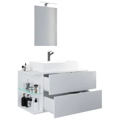 VCM NORDIC Hausa 2 lådor 93 3-delat handfat, m. spegel, keramiskt handfat, 1 hylla - vit melamin