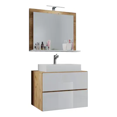 VCM NORDIC Lendas M badrumsmöbler set - spegelglas, keramik och vit och naturlig melamin (set med 3)