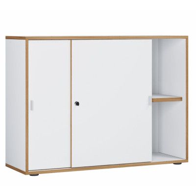 VCM NORDIC Salia B100 kontorsbokhylla, med 2 skjutdörrar, lås och 1 justerbar hylla - vit och naturligt trä