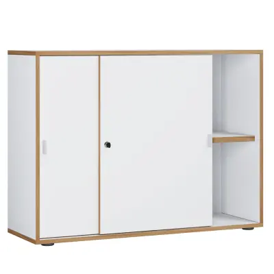 VCM NORDIC Salia B100 kontorsbokhylla, med 2 skjutdörrar, lås och 1 justerbar hylla - vit och naturligt trä