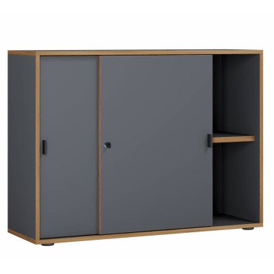 VCM NORDIC Salia B100 kontorsbokhylla, w. 2 skjutdörrar, lås, 1 justerbar hylla - antracitgrå och naturligt trä