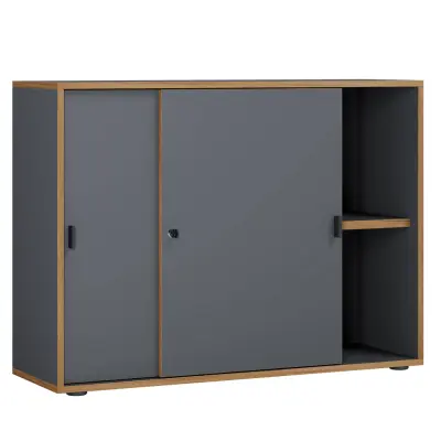 VCM NORDIC Salia B100 kontorsbokhylla, w. 2 skjutdörrar, lås, 1 justerbar hylla - antracitgrå och naturligt trä